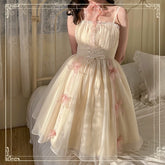 Vintage Elegant Evening Party Midi Dress Women Bow France Kawaii Princess Strap Dress Female Retro Sweet Fairy Dress Summer 2022